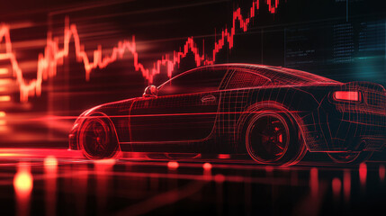 A car with red and orange neon lights on the sides is driving in front of an abstract background showing stock market charts