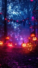 A mystical forest path illuminated by glowing jack-o'-lanterns for Halloween.