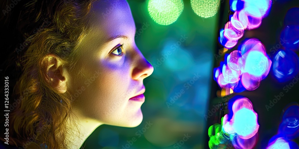 Poster portrait of a woman analyzing server logs on her computer, her thoughtful expression illuminated by 