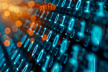 Abstract representation of binary code with glowing numbers and a blurred background of light