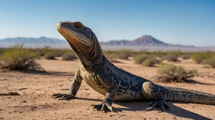 Sunlit Repose: Monitor Lizard Relaxing on Desert Ground with Vast Blue Sky