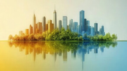 Fototapeta premium Vibrant Cityscape Reflection on Water Surrounded by Lush Greenery with Gradient Sky High-Rise Buildings and Natural Elements Merging Beautifully in a Serene Landscape