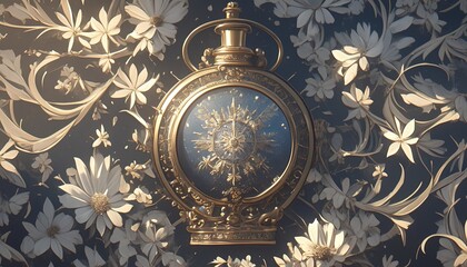 Fototapeta premium Ornate gold locket with snowflake design on floral background