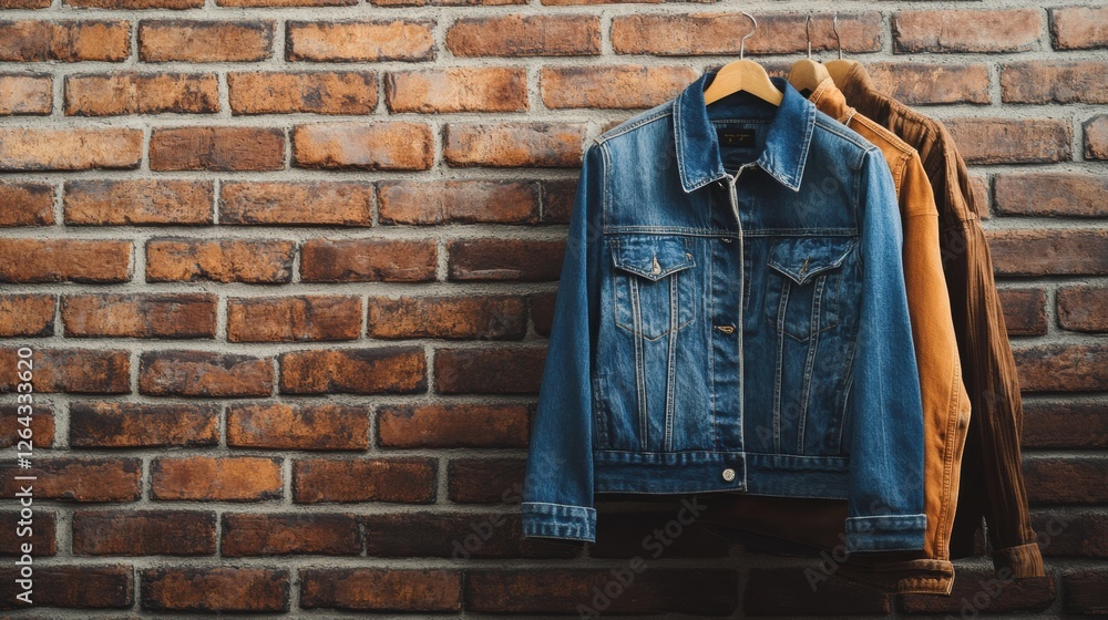 Aufkleber denim jackets hanging on rustic brick wall create a stylish casual backdrop for creative text displa