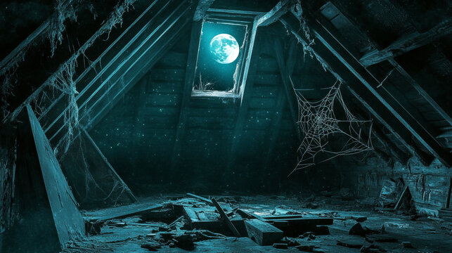 Old attic in abandoned house at night. Vector cartoon interior of garret room with broken roof, wall and beams, clutter and spiderweb. Empty messy mansard with hatch in floor and moonlight from window