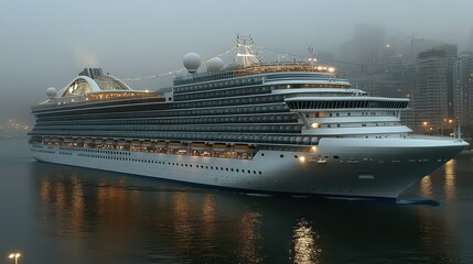 Cruise Ship in Foggy City Harbor