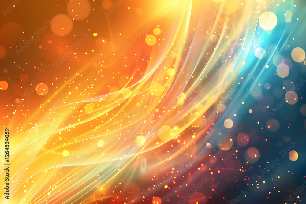 Poster abstract vibrant background with flowing waves of color and glowing particles creating a dynamic atm