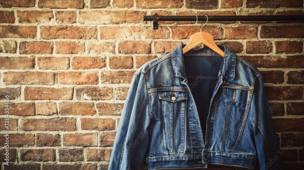Fototapete denim jacket displayed against a rustic brick wall with space for text and design elements. generati