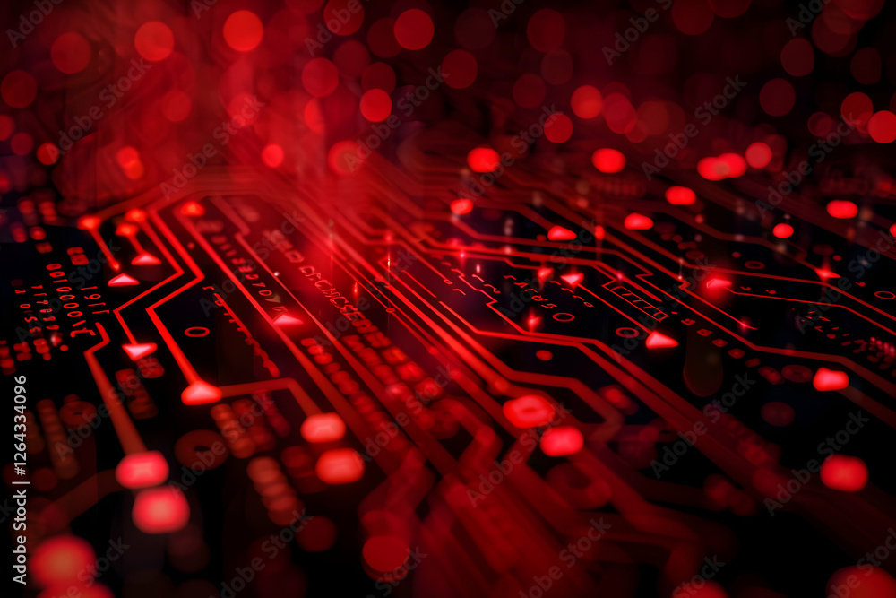 Poster abstract close-up of a circuit board with glowing red lights, creating a futuristic atmosphere
