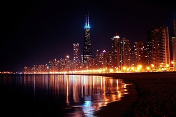 Naklejka premium Cityscape at night by lake Michigan, Chicago skyline reflected in water near shore