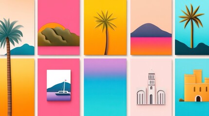 Obraz premium Colorful Minimalist Landscape Artwork with Palm Trees and Mountains