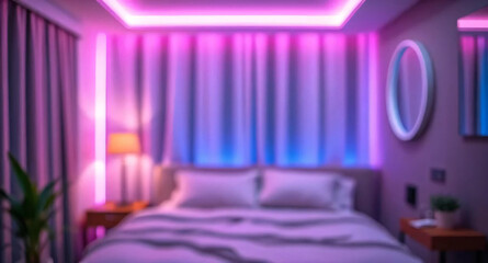 Modern bedroom background, neon light background with light pink blue lights neon, blurred modern apartment interior background