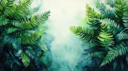 Lush green ferns framing a serene misty background in a tranquil forest setting