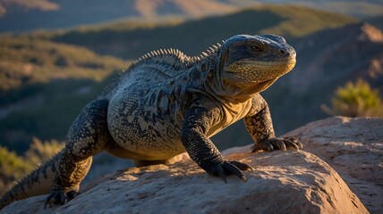 Fototapeta premium Large Monitor Lizard in Dramatic Pose Climbing a Rocky Cliff in Early Morning Light