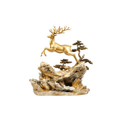 Fototapeta premium Golden deer leaping on the mountain Chinese art style sculpture on a white background
