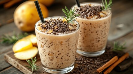 Refreshing smoothies with chocolate sprinkles and fresh herbs on rustic wooden table