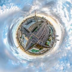 Yekaterinburg City Administration or City Hall and Central square at summer evening. Evening city in the summer sunset, Aerial View. Little planet sphere mode.