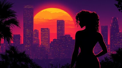 SilhouetteWomanCityscapeSunsetUrbanNightRetroAesthetic