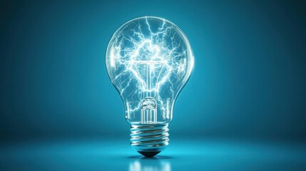 Bright lightbulb with internal lightning, clean blue background. Illustrates innovation, ideas, and brilliant solutions, perfect for business concepts.