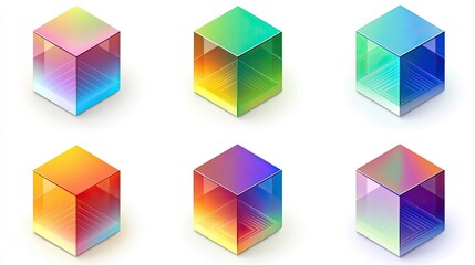 Colorful geometric cubes with gradient reflections arranged in a modern design layout