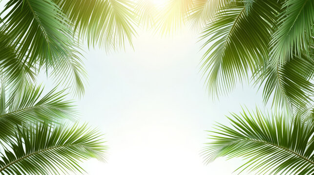 Tropical frame with green palm leaves. Tropical plant branches isolated on transparent background. Summer banner template with border of coconut palm foliage, vector realistic illustration