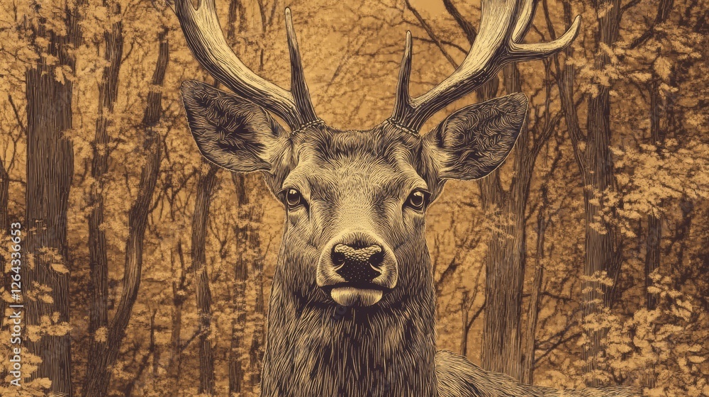 Fototapete engraved deer portrait featuring intricate line work in sepia tones with space for personalized text