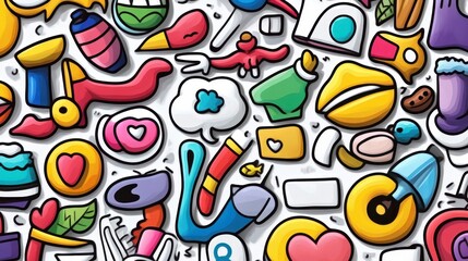 Colorful Cartoon Icons and Illustrations on White Background