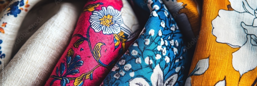 Poster close up view of colorful patterned fabrics with floral and geometric designs showcasing vibrant tex