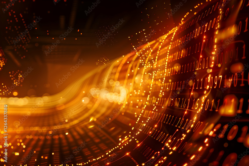 Poster abstract digital wave with glowing particles and binary code flowing through a futuristic landscape