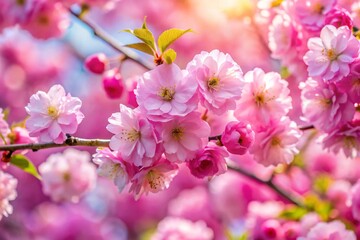 Obraz premium Beautiful spring natural background with bright pink cherry blossom flowers close up macro.