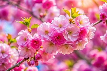 Fototapeta premium Beautiful spring natural background with bright pink cherry blossom flowers close up macro.