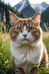 there is a cat that is sitting in the grass looking at the camera