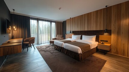 Modern hotel room featuring twin beds, wooden accents, and large windows with a forest view