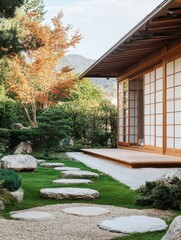 Obraz premium Peaceful japanese garden with stepping stones and traditional architecture