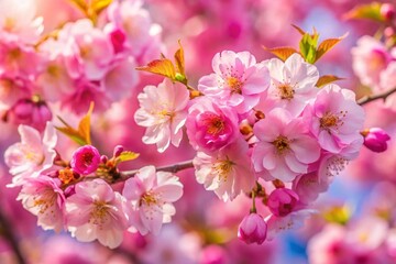 Fototapeta premium Beautiful spring natural background with bright pink cherry blossom flowers close up macro.