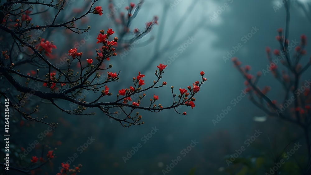 Poster branch of the tree with red flowers in the misty forest. generated by ai