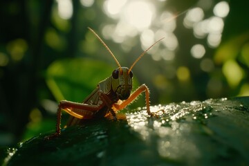 Fototapeta premium Close up of a grasshopper on a leaf in bright sunlight, lush greenery backdrop