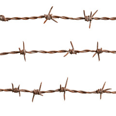 Fototapeta premium Rusty Barbed Wire Fence Against a White Background Highlighting Industrial Decay and Security