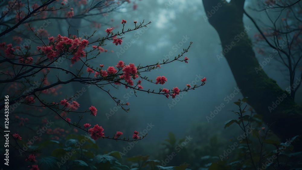 Poster branch of the tree with red flowers in the misty forest. generated by ai