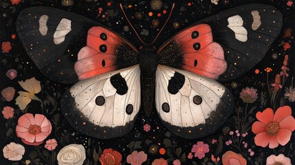Fototapeta premium Enigmatic Butterfly amidst Floral Symphony Dark Background Intricate Wings Detailed Pattern