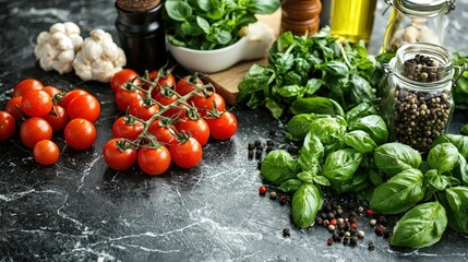 Fresh organic ingredients with ripe tomatoes and basil on a dark marble kitchen surface