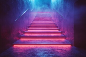 Fototapeta premium Glowing Neon Light Staircase in Dark Room with Blue and Red Colors, 3D Render.