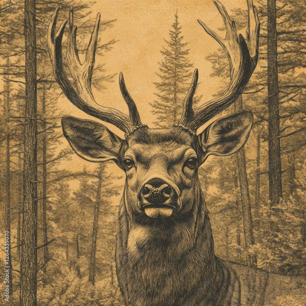 Fototapete engraved deer portrait featuring intricate line work in sepia tones with space for customized text. 