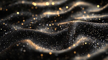 Abstract blurred silver sparkles on a dark navy background with soft glowing golden bokeh, creating an elegant and festive shimmering texture.