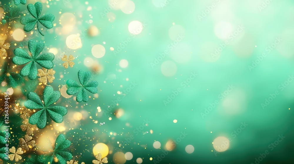 Aufkleber a vibrant green background features shimmering bokeh and clovers, creating a festive atmosphere idea