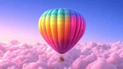 Fototapeta premium Rainbow Hot Air Balloon Soaring Above Pastel Clouds Dreamy Aerial View