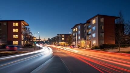Fototapeta premium Twilight Cityscape: Modern Apartments and Light Trails