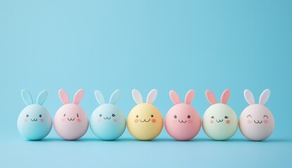 Blue background, row of charming Easter eggs with pastel bunny ears.