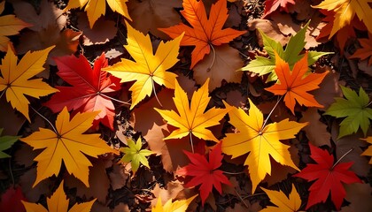 Close up of colorful fallen autumn leaves, warm golden light, top-down shot, showcasing rich natural tones, colorful fallen autumn leaves, forest floor background 