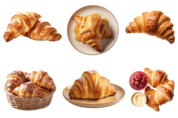 Set of fresh golden croissants. The croissants are all different views and sizes on a transparent background.